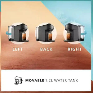 Philips L'OR Barista Absolu black coffee machine shown from left, back and right angles displaying 1.2L movable water tank with glass carafe dispensing dark coffee