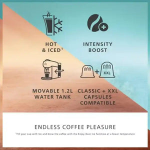 Philips L'OR Barista Absolu coffee machine product infographic showing key features including hot and iced coffee capability, intensity boost function, movable 1.2L water tank, and compatibility with Classic and XXL capsules against a gradient tan and turquoise background with endless coffee pleasure tagline