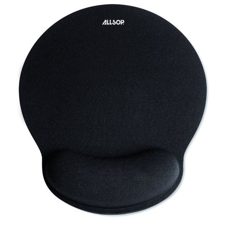 Allsop black foam mousepad with wrist rest support featuring rounded ergonomic design and non-slip base