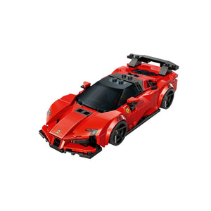 LEGO Ferrari SF90 XX Stradale red sports car building set model with black accents and roof wing displayed against white background
