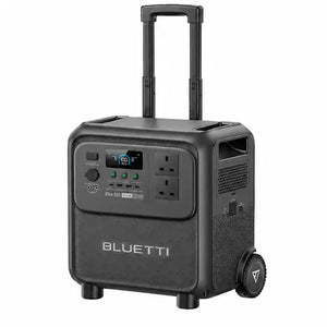 Bluetti Elite 320 portable power station with dark gray textured exterior, retractable handle, digital display panel with blue LED screen, multiple power outlets, front-facing controls, and wheels for mobility