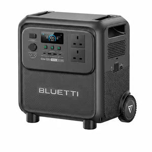 Bluetti Elite 320 portable power station with 3200Wh capacity in dark gray with black mesh panels, featuring digital display, control buttons, dual AC outlets, and wheeled base for mobility