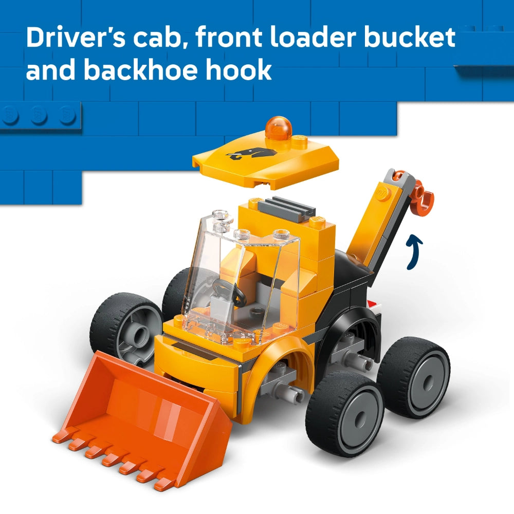 LEGO construction loader toy in bright yellow and orange with black wheels, featuring a detailed driver's cab with transparent windshield, front-loading bucket, articulated backhoe hook, and removable yellow cabin roof piece against a blue brick background