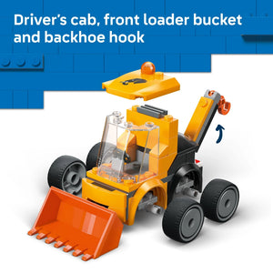 LEGO construction loader toy in bright yellow and orange with black wheels, featuring a detailed driver's cab with transparent windshield, front-loading bucket, articulated backhoe hook, and removable yellow cabin roof piece against a blue brick background
