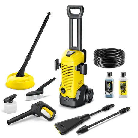 Kärcher K3 Eco!Booster yellow and black pressure washer with complete accessory kit including spray gun, hose, cleaning solutions, brush attachment, surface cleaner and extension lance displayed against white background