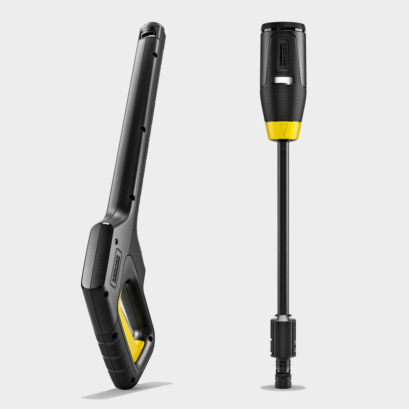 Two pressure washer nozzles, one with a flexible shaft and the other with a straight nozzle, on a light gray background.