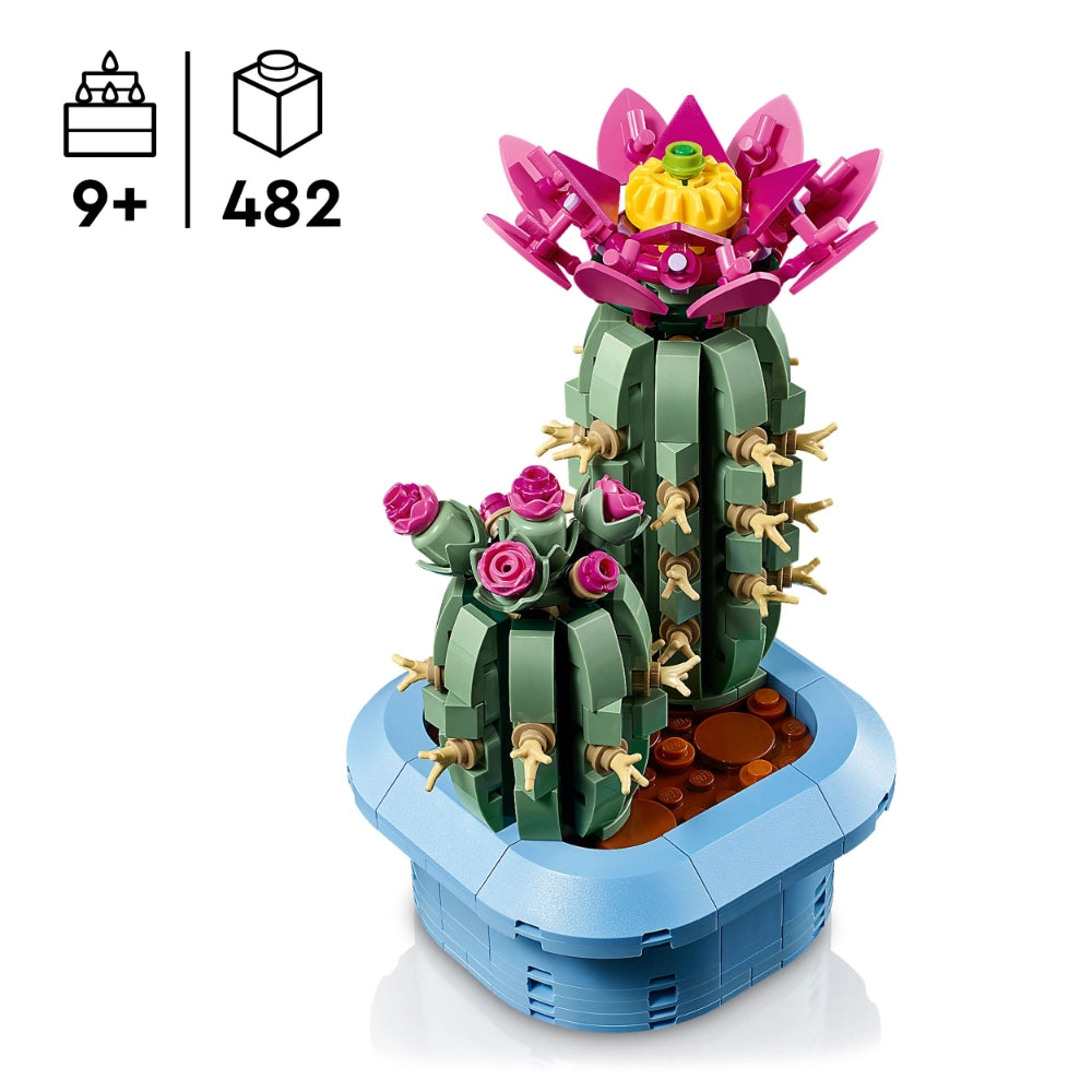 LEGO Flowering Cactus 11509 build set featuring a green segmented cactus with golden spines in a blue pot, topped with pink and magenta blooming flowers with yellow centers, 482 pieces, suitable for ages 9 and up