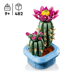 LEGO Flowering Cactus 11509 build set featuring a green segmented cactus with golden spines in a blue pot, topped with pink and magenta blooming flowers with yellow centers, 482 pieces, suitable for ages 9 and up