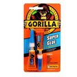 Gorilla Super Glue Gel packaging showing two 3g tubes with blue caps and orange and black branding featuring a gorilla logo, anti-clog cap feature highlighted, bonds metal wood ceramics leather and plastics