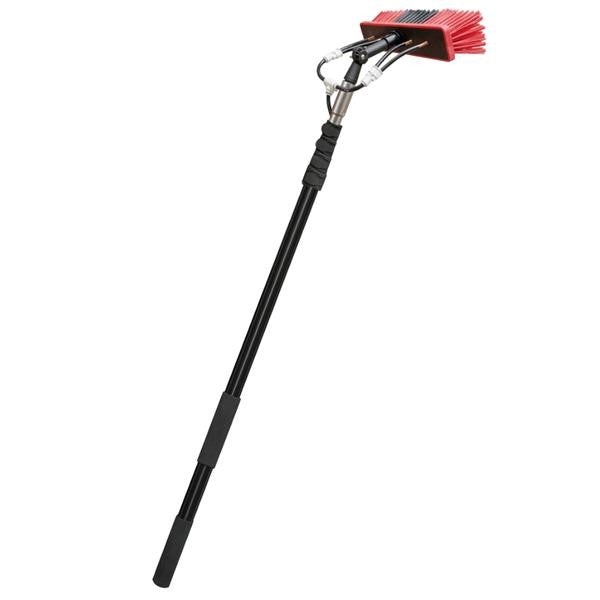 Dosco telescopic extending brush with red brush head and black extendable pole for cleaning solar panels and windows, shown fully extended to 10 metres
