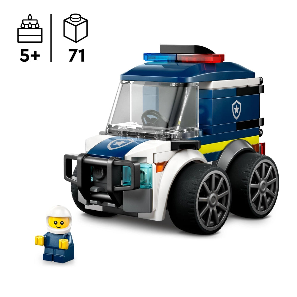 LEGO City Police Truck 60481 set featuring a blue and white police vehicle with flashing lights, large black wheels, transparent windshield, yellow stripe detail, and a smiling minifigure officer in blue uniform, 71 pieces, ages 5 and up