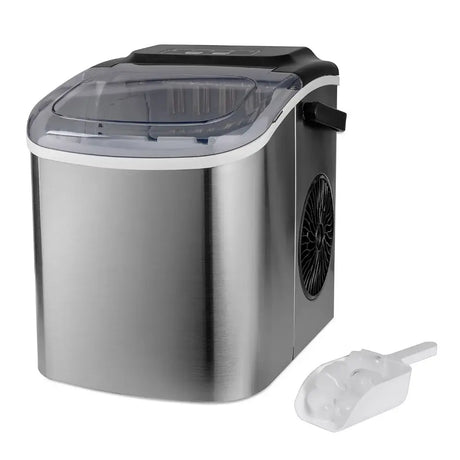 Daewoo stainless steel ice cube maker machine with 1.2 litre tank, black top control panel, circular fan vent on side, and white ice scoop accessory included