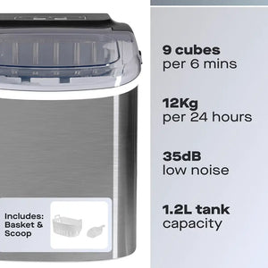 Daewoo stainless steel ice cube maker machine with 1.2L tank capacity showing 9 cubes per 6 minutes production rate, 12kg per 24 hours output, 35dB low noise operation, includes basket and scoop accessories