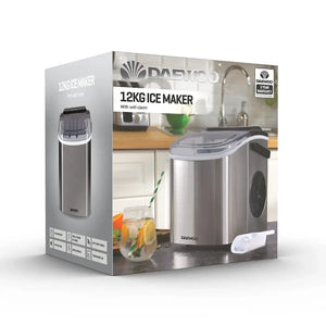 Daewoo 12KG ice maker with self-clean function in stainless steel finish displayed in product packaging, showing the compact countertop appliance with water tank and ice scoop, featuring 3-year warranty label
