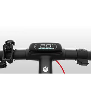 Close-up view of Segway Ninebot E3 Pro D electric scooter handlebar displaying digital speed display showing 25.4 km/h, black aluminum stem with integrated controls, phone mount on left side, and red cable detail visible against white background
