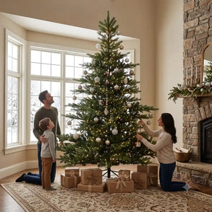 Family decorating a 8ft Everlands Grandis Fir pre-lit Christmas tree with gold and silver ornaments in a modern living room with brick fireplace and large windows