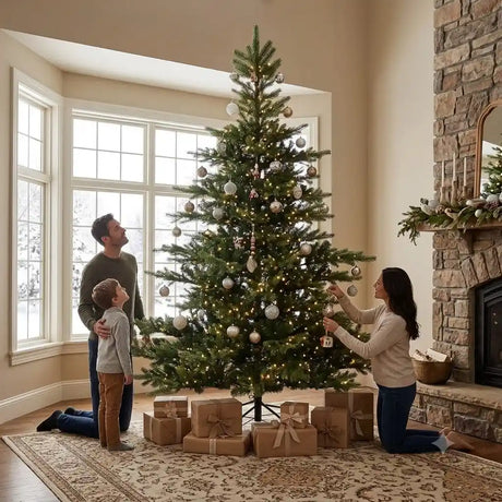 Family decorating a 8ft Everlands Grandis Fir pre-lit Christmas tree with gold and silver ornaments in a modern living room with brick fireplace and large windows