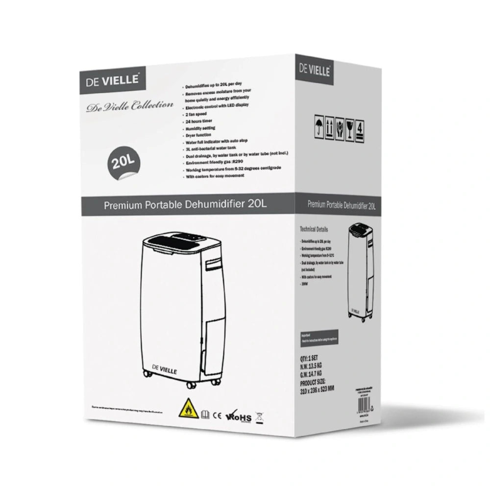 De Vielle Premium Portable Dehumidifier 20 Litre | DEFDH20L