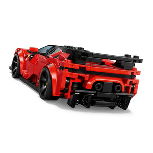 LEGO Ferrari SF90 XX Stradale red and black construction toy car shown from rear three-quarter angle displaying modular brick details and black wheels