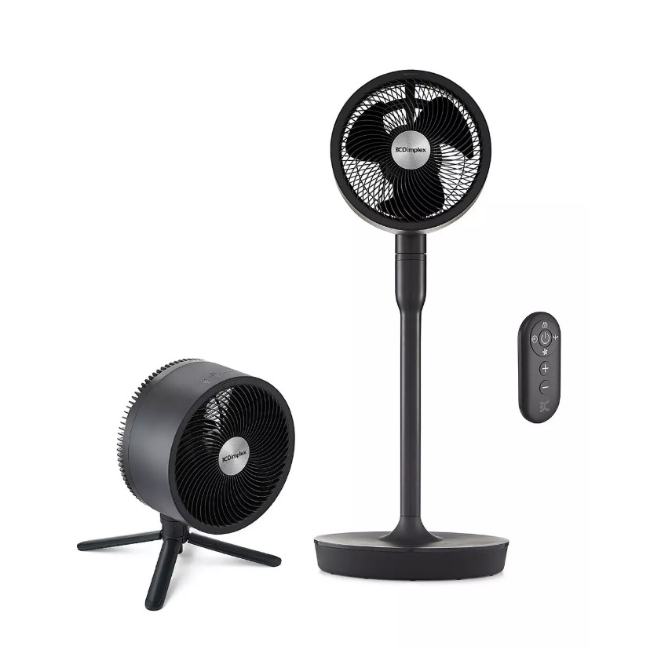 Dimplex Duocool 2 in 1 graphite pedestal and desk fan with remote control showing both standing and compact configurations