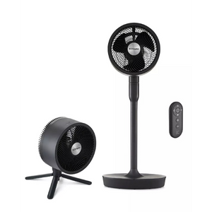 Dimplex Duocool 2 in 1 graphite pedestal and desk fan with remote control showing both standing and compact configurations