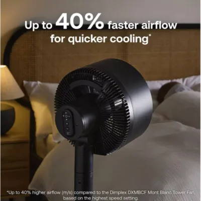 Black Dimplex Duocool 2 in 1 pedestal desk fan with smart control shown in bedroom setting, featuring up to 40% faster airflow for quicker cooling
