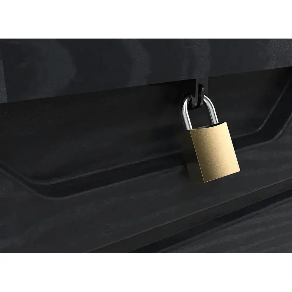 Gold padlock with silver shackle securing black Toomax Dolomiti garden storage box, closeup detail shot showing security feature on anthracite colored outdoor storage container