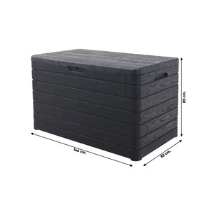 Black plastic garden storage box with horizontal ribbed design, dimensions 146cm x 82cm x 85cm, featuring hinged lid and carry handles for outdoor cushion and equipment storage