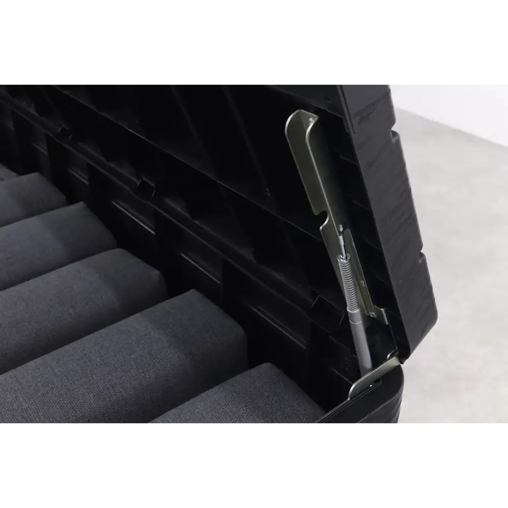 Close-up detail of the metal hinged lid mechanism on a black Toomax Dolomiti garden storage box with grey fabric interior visible