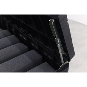 Close-up detail of the metal hinged lid mechanism on a black Toomax Dolomiti garden storage box with grey fabric interior visible