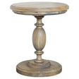 Tara Lane round pillar side table in natural wood finish with turned pedestal base and circular top, traditional farmhouse style