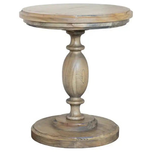 Tara Lane round pillar side table in natural wood finish with turned pedestal base and circular top, traditional farmhouse style