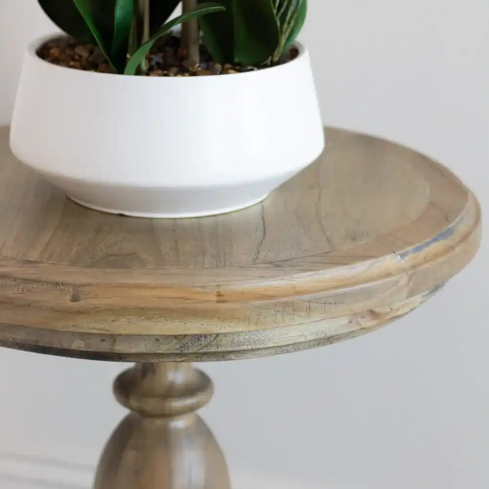 Round wooden pedestal side table with natural light wood finish topped with a white ceramic planter containing green foliage plant