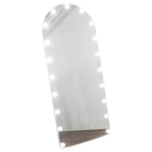 White arch-top cheval mirror with LED bulb lights around the frame, freestanding full-length mirror approximately 170cm x 70cm