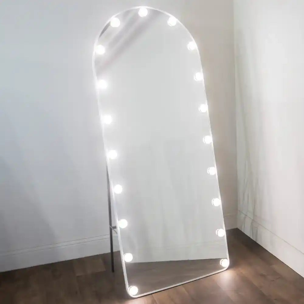 Tara Lane Modena white arch mirror with LED bulbs, 160cm x 50cm, freestanding cheval style mirror with illuminated frame against white wall and wooden floor