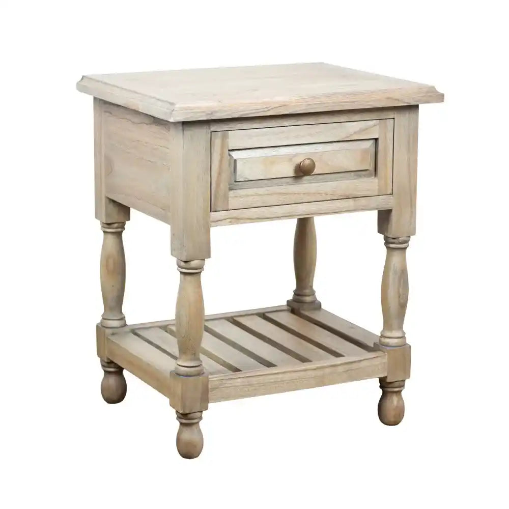 Tara Lane 1 Drawer End Table in light natural wood with turned legs, single drawer with brass knob, and lower shelf storage