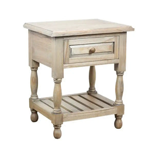Tara Lane 1 Drawer End Table in light natural wood with turned legs, single drawer with brass knob, and lower shelf storage