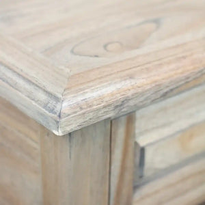 Close-up detail of whitewashed wood corner and edge of Tara Lane 1 Drawer End Table showing natural grain texture and rustic finish