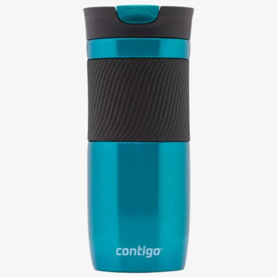 Contigo Byron SNAPSEAL Travel Mug 470ml in teal blue with charcoal grey textured grip band and dark grey lid, featuring spill-proof design