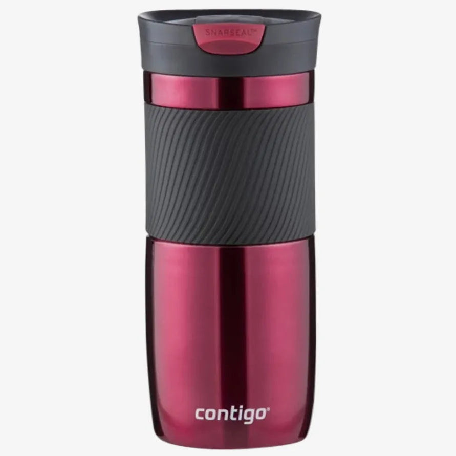 Contigo Byron SNAPSEAL Travel Mug 470ml in Vivacious burgundy with gray textured grip band and dark gray lid featuring pink SNAPSEAL button
