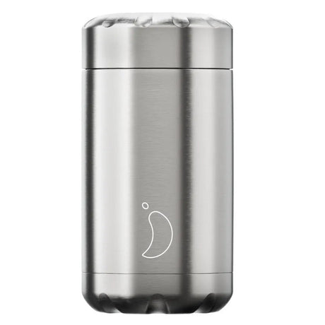 Chillys Original 500ml stainless steel food pot with brushed silver finish and crescent moon logo on white background