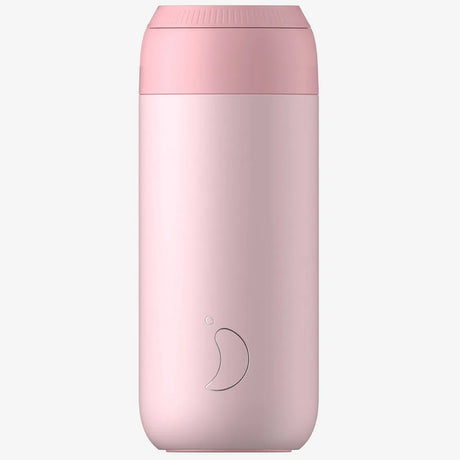 Chillys Series 2 blush pink stainless steel insulated coffee cup 340ml with crescent moon logo and removable lid shown against white background