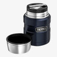 Thermos stainless steel food flask 470ml in navy blue with silver trim, shown with detachable cup and spoon, featuring branded Thermos label