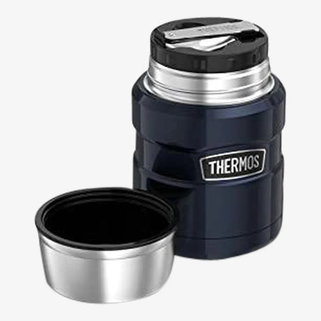 Thermos stainless steel food flask 470ml in navy blue with silver trim, shown with detachable cup and spoon, featuring branded Thermos label