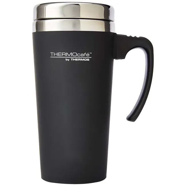 Black Thermos ThermoCafe stainless steel travel mug 400ml with handle and silver lid
