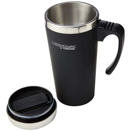 Thermos Thermocafe black travel mug 400ml with stainless steel interior, black handle, and matching lid displayed separately on white background