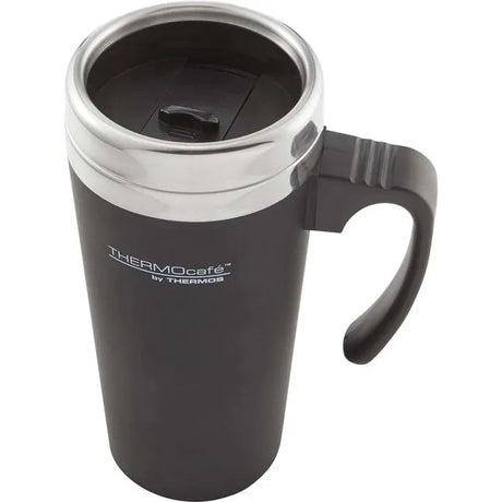 Thermos Thermocafe black travel mug with stainless steel silver lid and handle, 400ml capacity, featuring Thermocafe branding