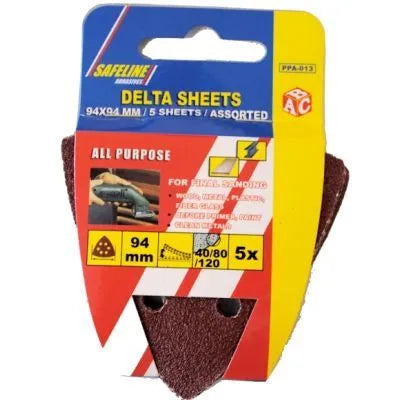 Safeline 94mm delta sanding pads 5 pack assorted grit in blue and yellow packaging with red label showing brown triangular sanding sheets
