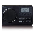 Lenco MPR-035BK-UK black portable FM radio with large speaker grille, LCD digital display showing 90.7 FM frequency, and control buttons for tuning and volume