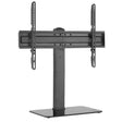 Black universal tabletop TV stand bracket with adjustable mounting arms and perforated steel uprights, supporting screens 23 to 70 inches, featuring a sturdy rectangular base and central pedestal pole